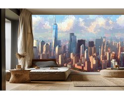 Vliesbehang Fotobehang - Cityscape Dreams: Urban Skyline Mural - 250x50 centimeter