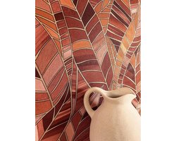 Vliesbehang met bladeren - Tropisch behang - Woonkamerdecoratie - Wasbaar en lichtbestendig - 1005m x 053m - Rood oranje