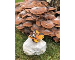Vlinder MASSIEF BRONS geel op rotssteen 12 cm hoog - bronzen beeld - tuinbeeld - grafzerkdecoratie - hoogkwalitatief brons - decoratiefiguur - interieur - accessoire - voor binnen - voor buiten - cadeau - geschenk - kerst - nieuwjaar - verjaardag