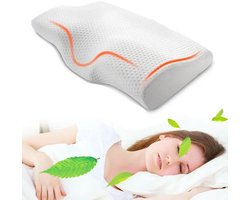 Vlindervormig Ergonomisch Nekkussen – Orthopedisch Cervicaal Kussen – Traagschuim Hoofdkussen met Dubbele Ondersteuning – Ademend & Huidvriendelijk – Wit/Oranje