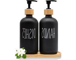Vloeibare zeepdispenser set met houten dienblad - 16oz glazen dispenser voor badkamer en keuken - zwart