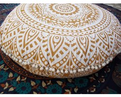 Vloer Kussenhoes - Ottoman Poef - Boho Decoratie - Grote Mandala Print - 32 Inch - Goud