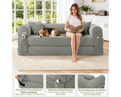 Vloerbank met Slaapfunctie 203 cm – 3-Zits Boneless Slaapbank & Bed – Inklapbare Modulaire Bank met Kussens – Moderne Bankbed voor Woonkamer & Slaapkamer – Lichtgrijs – Pauwhome