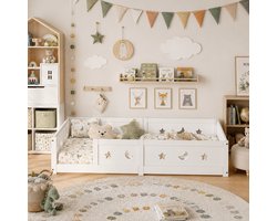 Vloerbed 90x200 cm - Peuterbed - Montessori bed - Kinderbed met valbeveiliging - uitgesneden sterren en manen - Wit