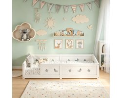 Vloerbed - Peuterbed 90x200 cm - Montessori bed - Kinderbed met valbeveiliging - uitgesneden sterren en manen - Wit