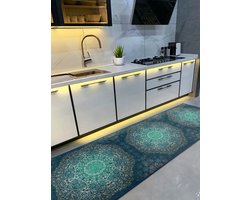 Vloerkleed 65x180cm - Deurmat binnen - Keukenloper - Laagpolig Zacht Tapijt - Halloper - Wasbaar Antislip - Gold Mandala