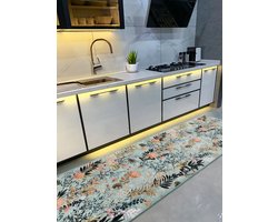 Vloerkleed 65x180cm - Deurmat - Keukenloper - Bloemen op Lichtblauw - Wasbaar Antislip - Laagpolig Zacht Tapijt