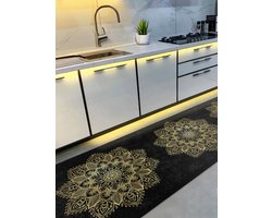 Vloerkleed 65x180cm - Keukenloper - Deurmat binnen - Wasbaar Antislip - Laagpolig Zachte Tapijt - Gold mandala op zwart