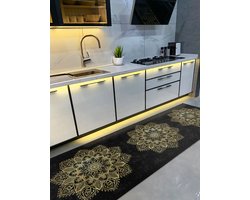 Vloerkleed 65x180cm - Keukenloper - Deurmat binnen - Wasbaar Antislip - Laagpolig Zachte Tapijt - Gold mandala op zwart