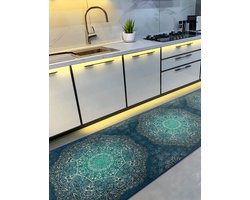 Vloerkleed 80x220cm - Deurmat binnen - Keukenloper - Laagpolig Zacht Tapijt - Halloper - Wasbaar Antislip - Gold Mandala