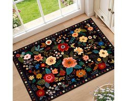 Vloerkleed- Bloemen Tapijt Wasbaar - Antislip Laag Pool Leuk Design -Katoenmix 60x90 Cm- Zwart Wit Floraal Motief- 1 Stuks - Voor Woonkamer Slaapkamer Kinderkamer Kantoor