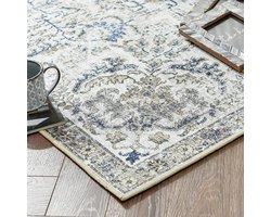 Vloerkleed Deurmat 60 x 90 cm Laagpolig Deurmat Vintage Binnen Opvouwbaar Dun Vloerkleed Retro Distressed Tapijt Blauw Multi Bloemenprint Landelijk Boho Tapijt Antislip Keuken Slaapkamer