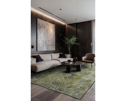 Vloerkleed Heris groen met sierlijke motieven in het midden, vervaagde kleuren en texturen, antieke look. - Tapijt - 170 x 240 cm