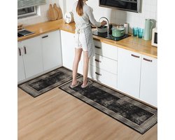 Vloerkleed Keukenloper set 65x180 & 60x100 cm - Deurmat binnen - Halloper set - Gold & Zwart - Wasbaar Antislip Zacht Tapijt