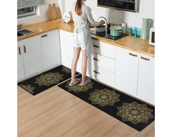 Vloerkleed Keukenloper set 65x180 & 60x100 cm - Deurmat binnen - Halloper set - Laagpolig Zachte Tapijt - Gold mandala op zwart