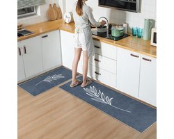Vloerkleed Keukenloper set 65x180 & 60x100 cm - Deurmat binnen - Halloper set - Onedraw op donkerblauw - Wasbaar Antislip Zacht Tapijt