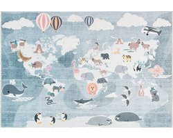 Vloerkleed Kinderkamer Wereldkaart met Dieren – 155 x 225 cm Tapijt Kinderkamer – Machine Wasbaar & Anti-Slip – Premium Laagpolige Speelmat voor Kids