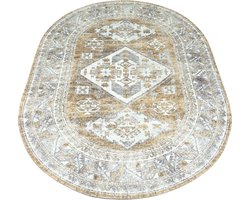 Vloerkleed Laria Brown 5 - Ovaal 160 x 230 cm - Vintage Design Ovaal Vloerkleed met Medaillon Patroon