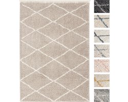 Vloerkleed Shaggy, Tapijt, Beige, Hoogpolig, 120cm x 160cm, Superzacht, Franjes, Berber stijl