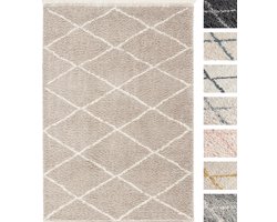 Vloerkleed Shaggy, Tapijt, Beige, Hoogpolig, 195cm x 290cm, Superzacht, Franjes, Berber stijl