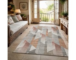 Vloerkleed Vierkant - Decoratief Tapijt - Woonkamer Inrichten - Laagpolig Onderhoudsvriendelijk - 200 x 200 cm - Grijs Beige Taupe Rood