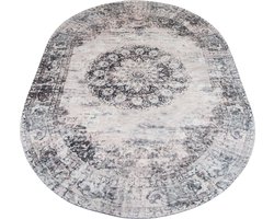 Vloerkleed Viola Antraciet - Ovaal 160 x 230 cm - Vintage Design Ovaal Vloerkleed met Verweerd Patroon