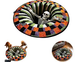 vloerkleed - vloerkleed rond - deurmat - tapijt - Halloween deurmat - deurmat 60x60 - optische illusie skelet vortex - antislip polyester tapijt voor slaapkamer en halloween feest
