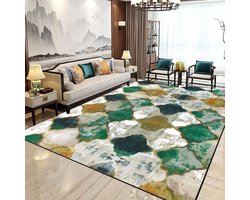 Vloerkleed voor woonkamer, 200 x 300 cm, laagpolig tapijt, slaapkamer, The Carpet, Relax, modern pluizig abstract, kleurverloop, crème, smaragd, mosterdgeel, strepen, designer tapijten, regio