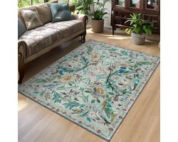 vloerkleed, wasbaar, 120x180 cm, groen, vogels, bloemen, antislip onderkant, zacht laagpolig, boho-stijl, slaapkamer en badkamer