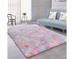Vloerkleed, woonkamer, modern, hoogpolig, wollig, super zacht vloertapijt, antislip onderkant, bedmat, woonkamer, keuken, eetkamer, slaapkamer, regenboog, 120 x 160 cm