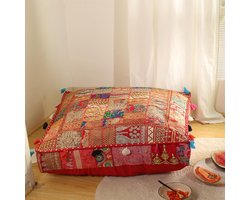 Vloerkussenhoes - Boho Kussen - Ontspannen Zitten - Patchwork Stijl - 88x88x12 Cms - Rood