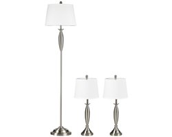 Vloerlamp - 3-delige Lampenset - 1 Vloerlamp En 2 Tafellampen - Linnenlook - 38 x 38 x 158 cm - Zilver En Wit