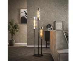 Vloerlamp 3L met Getrapt Cylinder Glas in Artic Zwart - 32x32x155 cm - Moderne Sfeerverlichting - Stijlvolle Woonkamer Lamp - Hoogwaardig Design - Elegante Zwarte Afwerking - Ideaal voor Diverse Interieurs - Verlichtingsoplossing tot 155 cm Hoog