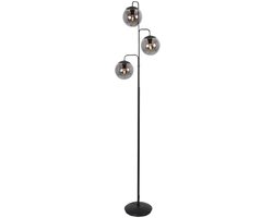 Vloerlamp Bollique 4611ZW van Steinhauer - Stijlvol zwart metaal met 3 smoke glazen bollen, hoogte 173 cm, ronde voet 40 cm, perfect voor binnengebruik