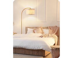Vloerlamp Booglamp – Verstelbare Lampenkap – Beige Linnen Kap – E27 LED Inclusief – Goud