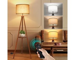 Vloerlamp LED dimbaar met plankje Tripod hout afstandsbediening E27 fitting 4 lichtstanden beige kap 160 cm