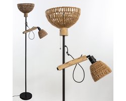 Vloerlamp met 2 Parasols - Boho Rotan en Industrieel Design - Staande Lamp voor Woonkamer en Slaapkamer