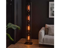 Vloerlamp met 4 Lampen in Tower Design van Smoke Glas - Geperforeerd Stalen Frame - Artic Zwart - 34x23x190 cm - Sfeervolle Verlichting - Hoogte 190 cm - Uniek Modern Design voor Woonkamer en Slaapkamer