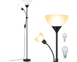 Vloerlamp met Leeslamp - 2-in-1 Staande Lamp - Verstelbare Leesarm 350° Draaibaar - E27 Fittingen - Apart Schakelbaar - Inclusief 12W LED 3000K - Voor Woonkamer en Slaapkamer