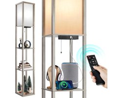 Vloerlamp met Planken - 3 Kleuropties - Hout - Moderne LED Kolom Lamp met Trekschakelaar - Vloerlamp met Witte Linnen Lampenkap voor Woonkamer, Slaapkamer, Grijs