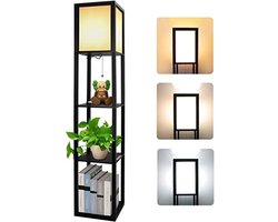 Vloerlamp met planken – Staande lamp met opbergrek – Houten vloerlamp – 2 in 1 lamp en kast – Hoeklamp met 3 legplanken – Sfeerlamp – Woonkamer lamp – Slaapkamer lamp – Bureau lamp – Decoratieve staande lamp – E27 fitting – Linnen lampenkap – Modern