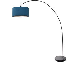 Vloerlamp Mexlite Solva 3900ZW zwart met blauw fluwelen lampenkap, hoogte 185 cm, kantelbare fitting, trendy design, metaal en textielmateriaal, voor binnen gebruik