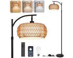 Vloerlamp-Rotan Staande Lamp - LED Dimbaar met Afstandsbediening - Bohemian-Verstelbare Lampenkap - Woonkamer/Slaapkamer/Kantoor-Zwarte