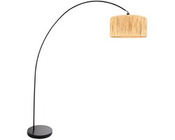 Vloerlamp Solva 3740ZW - Trendy booglamp met metalen basis en seagrass lampenkap, hoogte 185 cm, kantelbaar, naturel/zwart - Mexlite