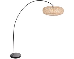 Vloerlamp Solva 4465ZW - Zwarte booglamp met bamboe kap Ø60 cm, trendy design, metalen constructie, kantelbaar, hoogte 185 cm, ideaal voor binnengebruik - Mexlite