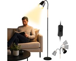 Vloerlamp - Staande Lamp - 1 Lampkop - Houtnerf - E27 - Verstelbare Hoogte/Hoek - Metalen Voet - Voor Woonkamer en Slaapkamer - Zwart