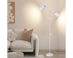 Vloerlamp - Staande Lamp - 2 Lampkop - Houtnerf - E27 - Verstelbare Hoogte/Hoek - Metalen Voet - Voor Woonkamer en Slaapkamer - Wit