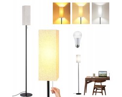 Vloerlamp - Staande Lamp Met Linnen Kap - 3 Lichtstanden 3000-6000K - Met Trekker Schakelaar - 9W Energiezuinige LED - Voor Woonkamer, Slaapkamer & Kantoor - Stijlvol & Functioneel