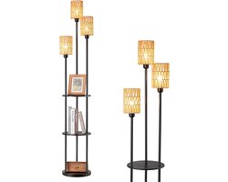 Vloerlamp - Staande Lamp met Planken - 3 Lichtpunten - Rotan Lampenkappen - Inclusief 3 E27 LED Lampen - Met Voetschakelaar