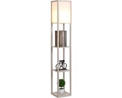 Vloerlamp - Staande lamp - Stalamp - Met opbergruimte - 26L x 26B x 160H cm - Wit/Eiken